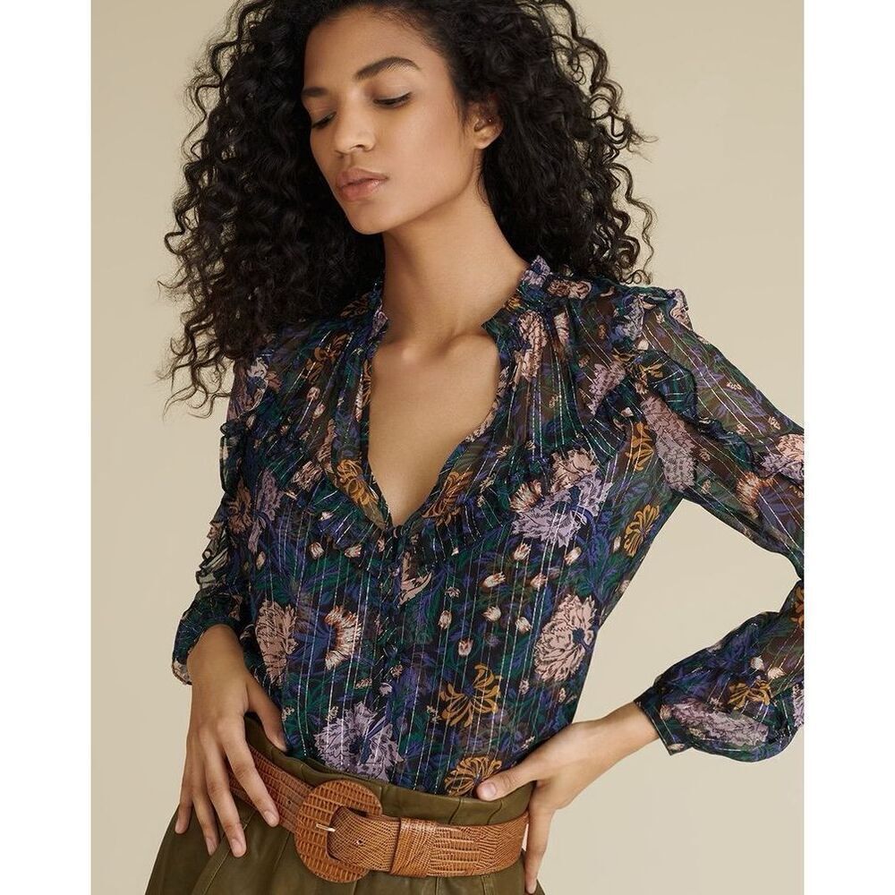 Veronica Beard Navy Floral Sheer Ruffle Blouse